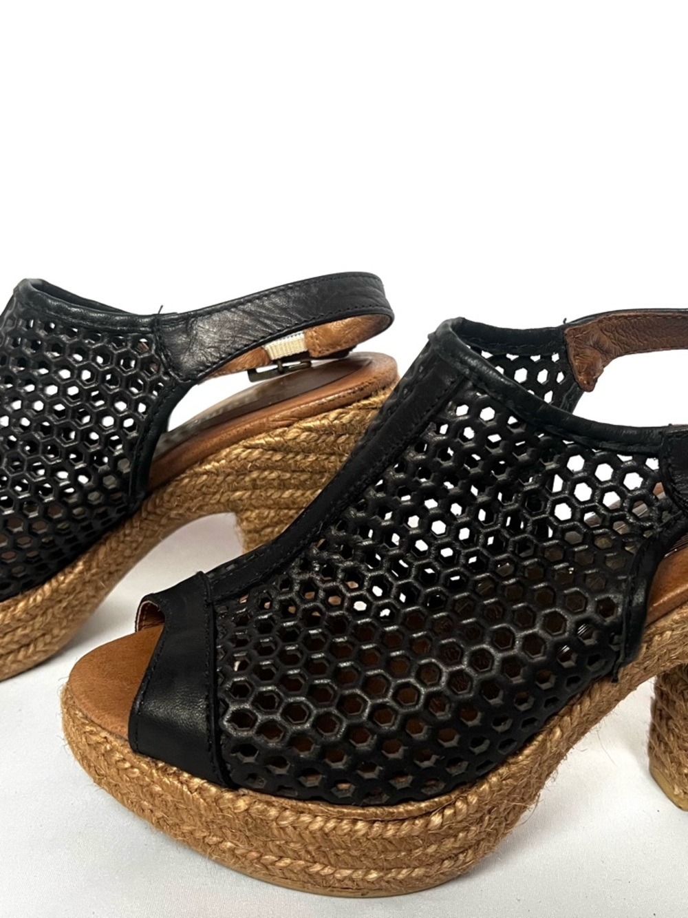 Eric Michael Black Leather Mesh Espadrille Heels Spain Sz 37 Peep Toe